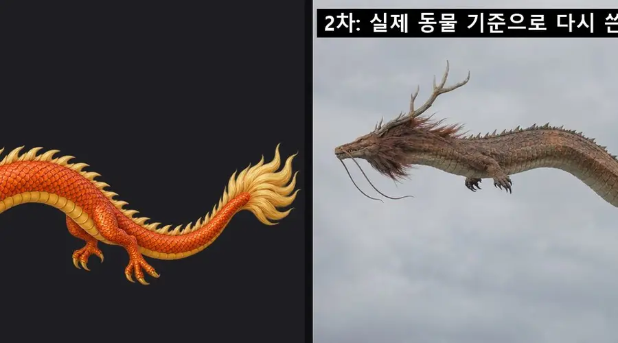 왼쪽은 반짝이는 일러스트풍 주황 용, 오른쪽은 흐린 하늘을 나는 악어 가죽 질감의 실사풍 용