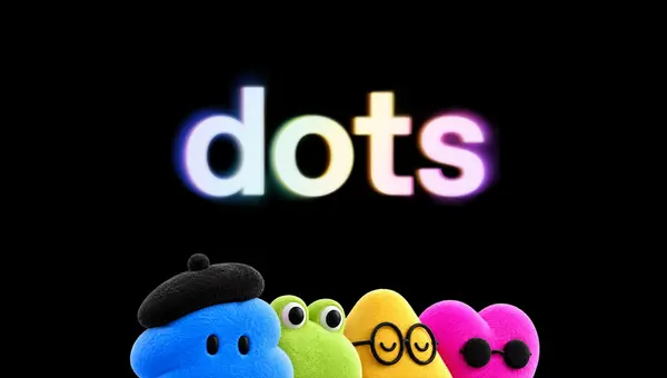 검은 배경의 빛나는 dots 글자 아래 파란색·초록색·노란색·분홍색 캐릭터가 배치된 OpenAI 발표 이미지