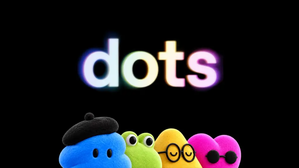 검은 배경의 빛나는 dots 글자 아래 파란색·초록색·노란색·분홍색 캐릭터가 배치된 OpenAI 발표 이미지