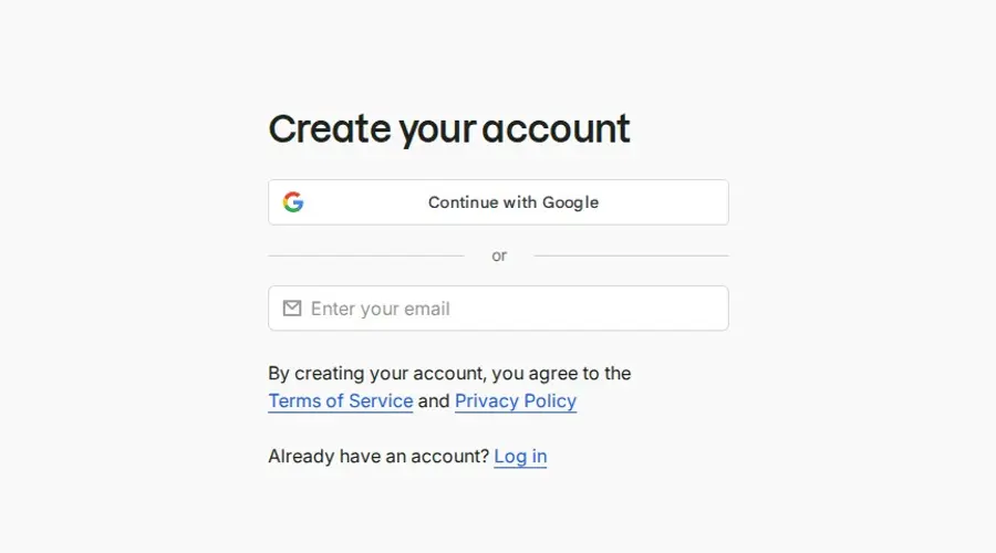 셈러쉬 가입 화면. Create your account 제목 아래에 Continue with Google 버튼과 이메일 입력칸이 있다