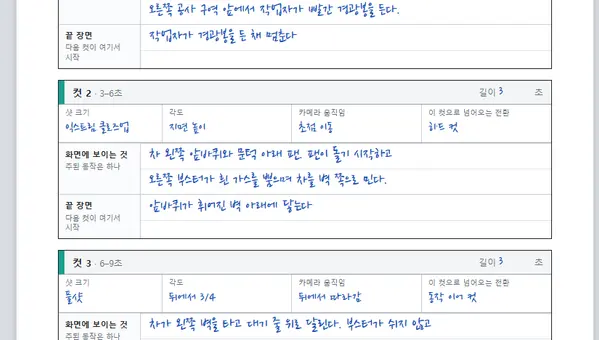 AI 영상 광고 기획서 2단계 컷 설계 쪽에서 컷 1~3의 샷 크기·각도·카메라 움직임·전환 칸이 채워진 터널 예시 화면