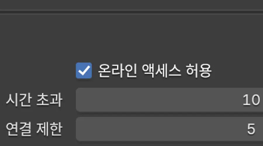 Blender 환경설정 네트워크 항목에서 온라인 액세스 허용 체크박스가 켜진 모습