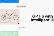 I want to build a bike 질문에 부품 번호가 붙은 자전거 도해와 조절 막대가 답으로 나온 대화 화면 옆에 GPT-6 with Intelligent UI 문구가 있는 오픈AI 이미지