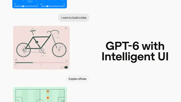 I want to build a bike 질문에 부품 번호가 붙은 자전거 도해와 조절 막대가 답으로 나온 대화 화면 옆에 GPT-6 with Intelligent UI 문구가 있는 오픈AI 이미지