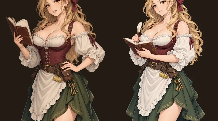 왼쪽은 장부를 들고 편하게 웃는 로제 초안, 오른쪽은 웃지 않고 깃펜으로 장부를 적으며 손님을 살피는 수정본