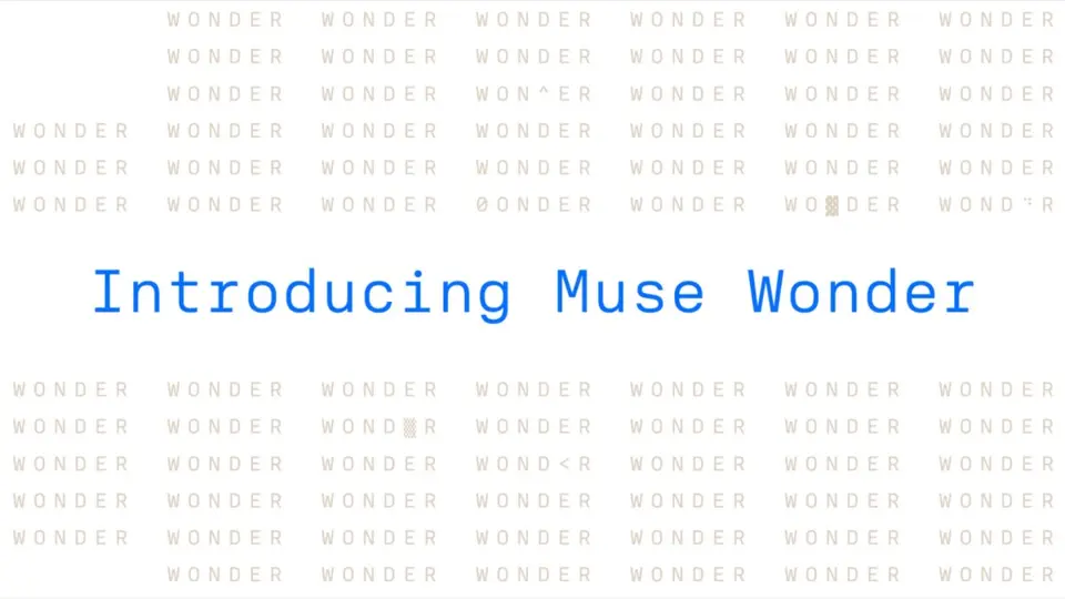 흰 바탕에 베이지색 WONDER 글자가 줄지어 반복되고 가운데에 파란색으로 Introducing Muse Wonder라고 적힌 메타 발표 이미지