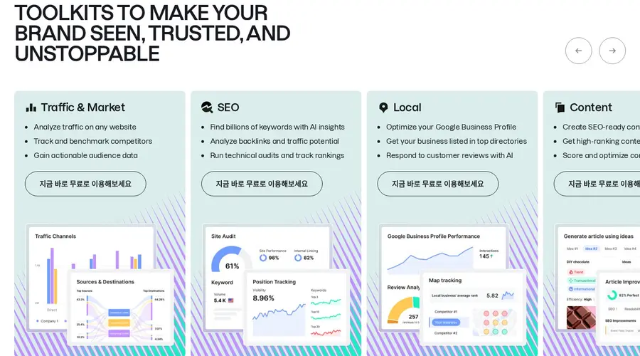 셈러쉬 파트너 페이지의 도구 모음 영역. Traffic & Market, SEO, Local, Content 카드가 나란히 있고 각 카드에 기능 설명과 무료 이용 버튼이 있다