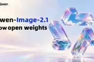 Qwen 로고와 Qwen-Image-2.1 Now open weights 문구 옆에 하늘과 바다 그림이 비치는 유리 질감의 Qwen 심볼이 놓인 배너