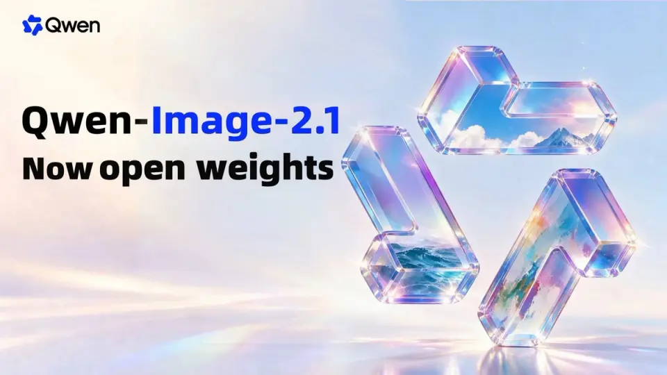 Qwen 로고와 Qwen-Image-2.1 Now open weights 문구 옆에 하늘과 바다 그림이 비치는 유리 질감의 Qwen 심볼이 놓인 배너