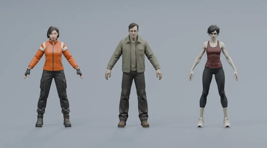 중립 A포즈로 서 있는 생존자와 일반 좀비, 돌진 좀비의 3D 모델