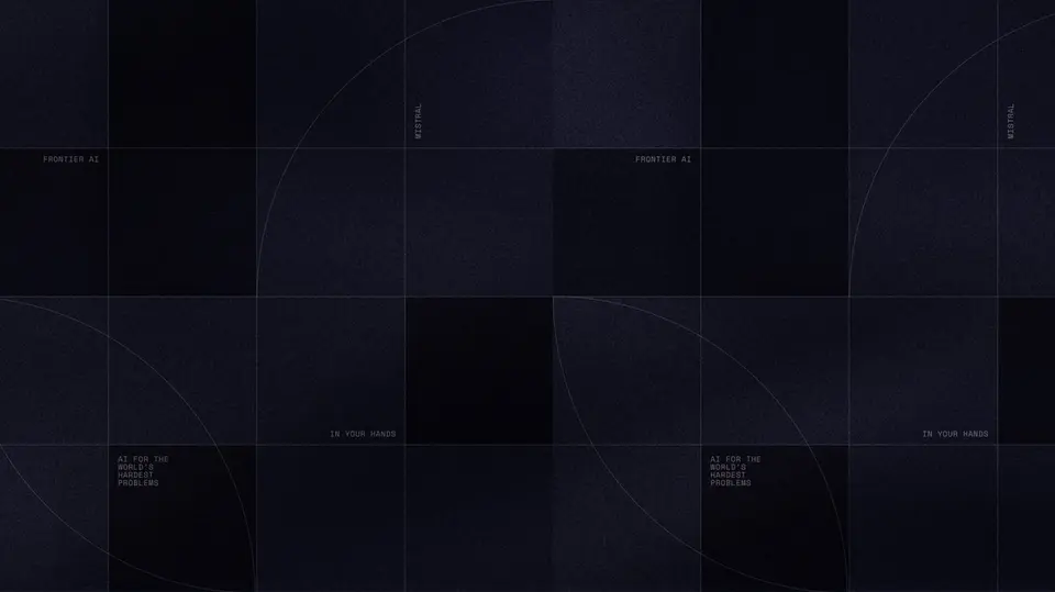 어두운 남색 격자 위에 곡선이 지나가고 MISTRAL, FRONTIER AI, IN YOUR HANDS 문구가 적힌 Mistral AI 발표문 상단 이미지