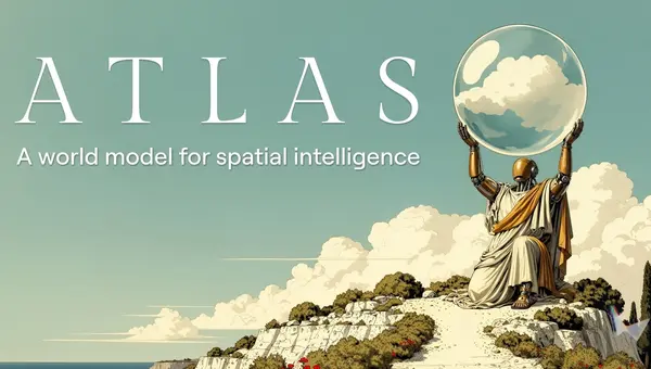 Atlas 제목과 지구 모양의 구를 든 로봇이 있는 World Labs 공식 발표 배너