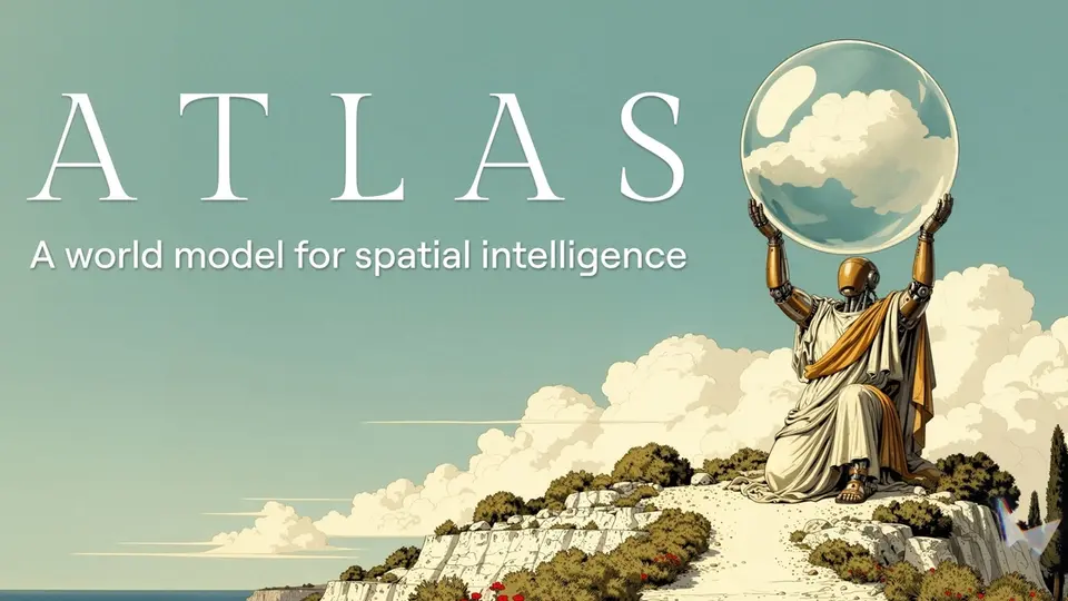 Atlas 제목과 지구 모양의 구를 든 로봇이 있는 World Labs 공식 발표 배너