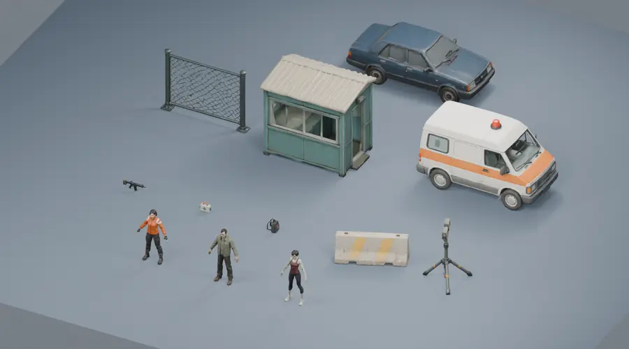 Blender에 배치한 생존자와 좀비, 검문소 부스, 차량과 소품